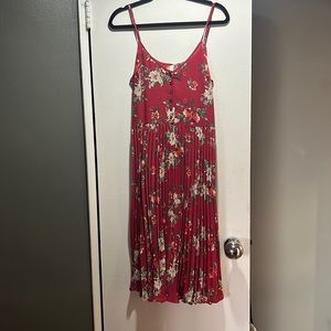 Red floral cami dress with button front and pleated skirt